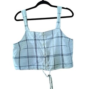 3/35$ A New Day Linen Blend Crop Tank Top L White Black Plaid Button Front